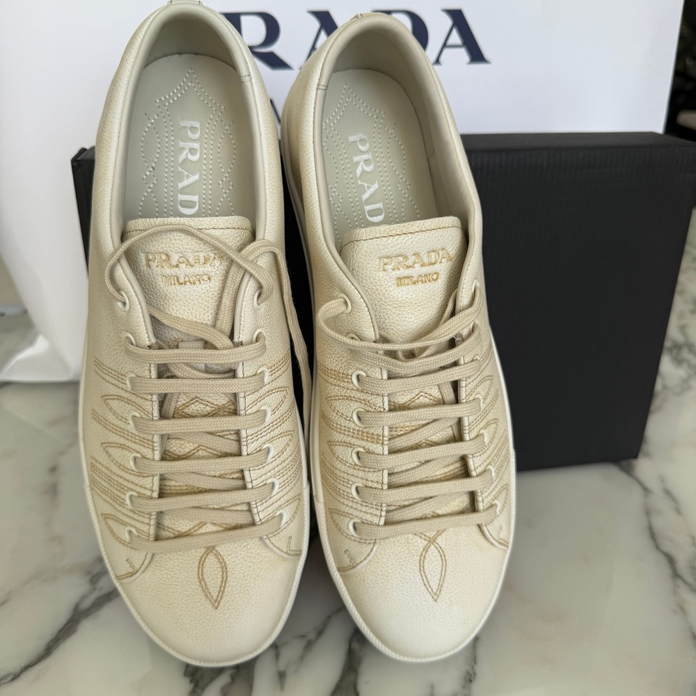 Prada Milano 2EE448 Mens White Pebbled Leather Low Top Sneakers, UK 10 - Picture 12 of 16